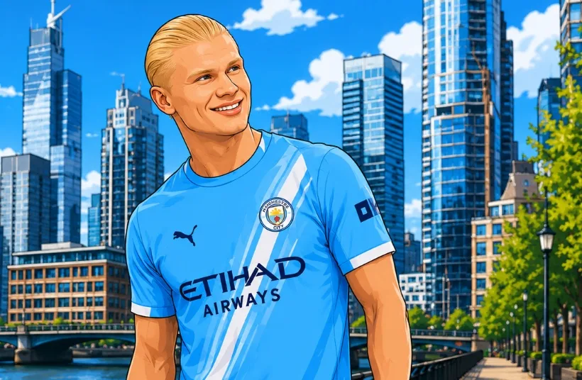 Erling Haaland celebrates a goal in a Manchester City shirt at the Etihad Stadium.