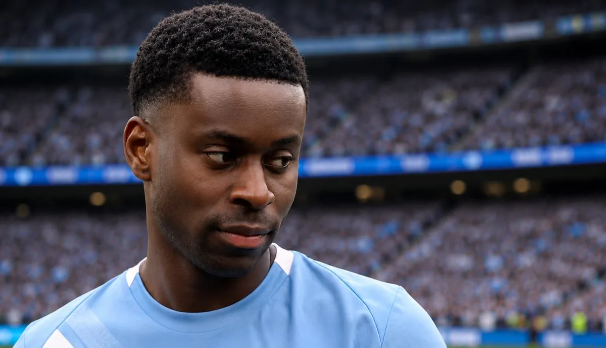 Marc Guehi in a Manchester City shirt, with the Etihad Stadium in the background.