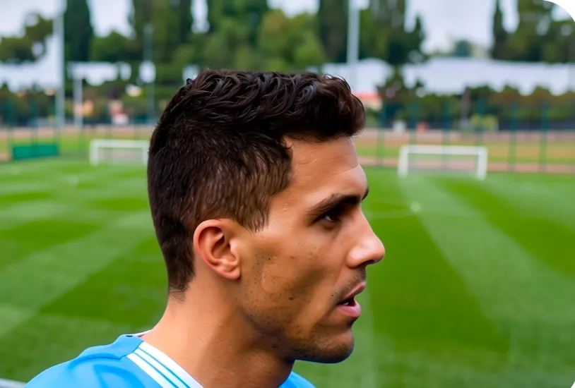 Rodri in Manchester City kit, with a thought bubble showing a meeting with manager Enzo Maresca and Barcelona's crest.