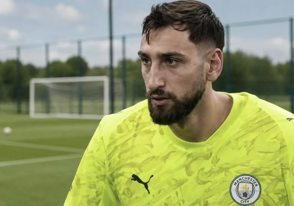 Gianluigi Donnarumma in goal for Manchester City during a Premier League match at the Etihad Stadium
