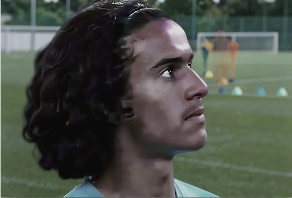 Ayyoub Bouaddi in Lille colours, with the Etihad Stadium visible in the background
