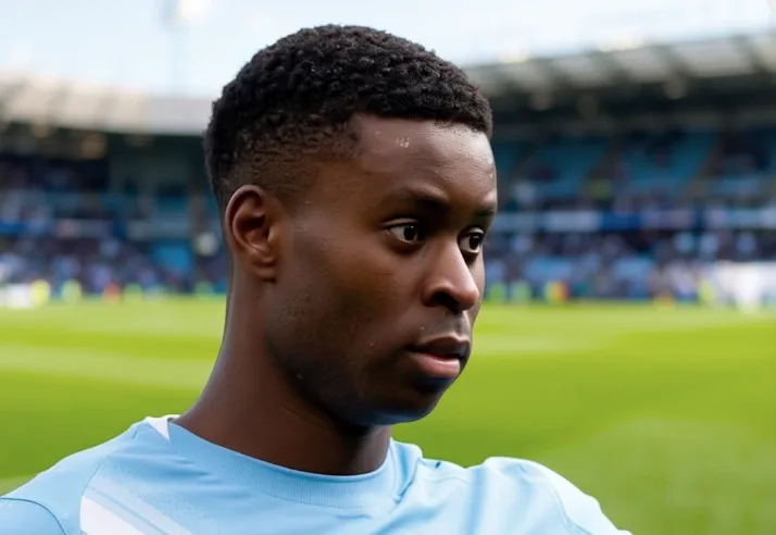 Marc Guehi in Manchester City colours during a match, showing composure on the ball